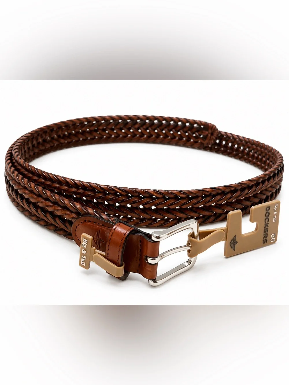 NWT Dockers Big & Tall Braided Brown Leather Belt – Silver Buckle